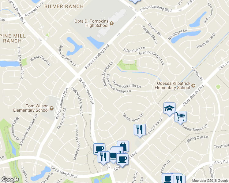 map of restaurants, bars, coffee shops, grocery stores, and more near 26731 Abbey Springs Lane in Katy