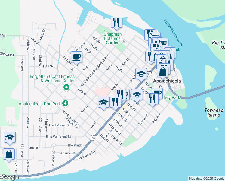 map of restaurants, bars, coffee shops, grocery stores, and more near 119 10th Street in Apalachicola