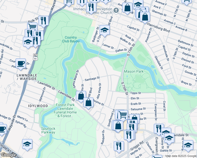 map of restaurants, bars, coffee shops, grocery stores, and more near 1824 Alta Vista Street in Houston