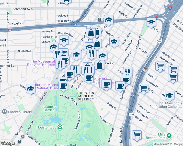 map of restaurants, bars, coffee shops, grocery stores, and more near 5504 La Branch Street in Houston