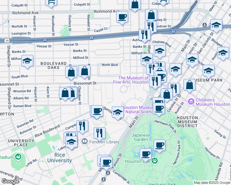 map of restaurants, bars, coffee shops, grocery stores, and more near 10 Remington Lane in Houston