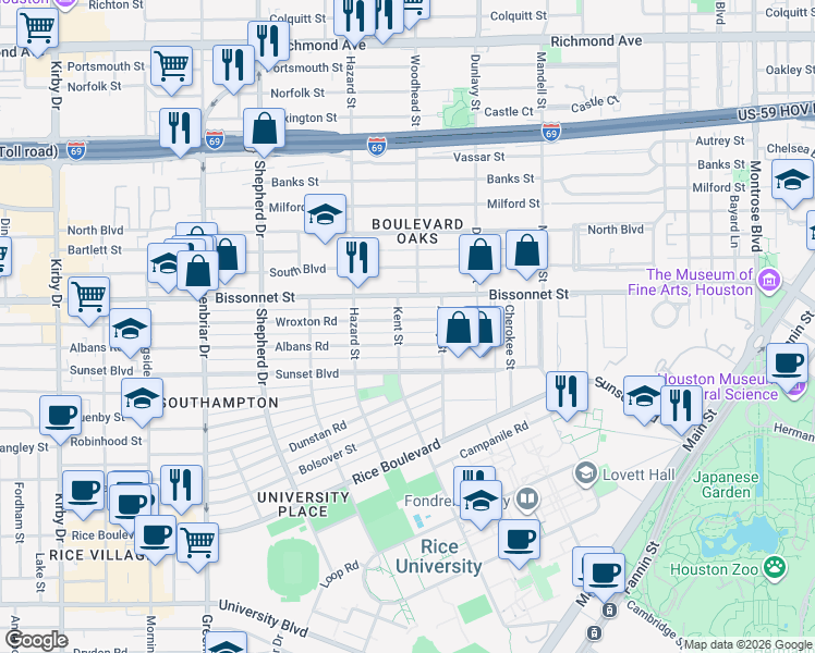map of restaurants, bars, coffee shops, grocery stores, and more near 1828 Albans Road in Houston