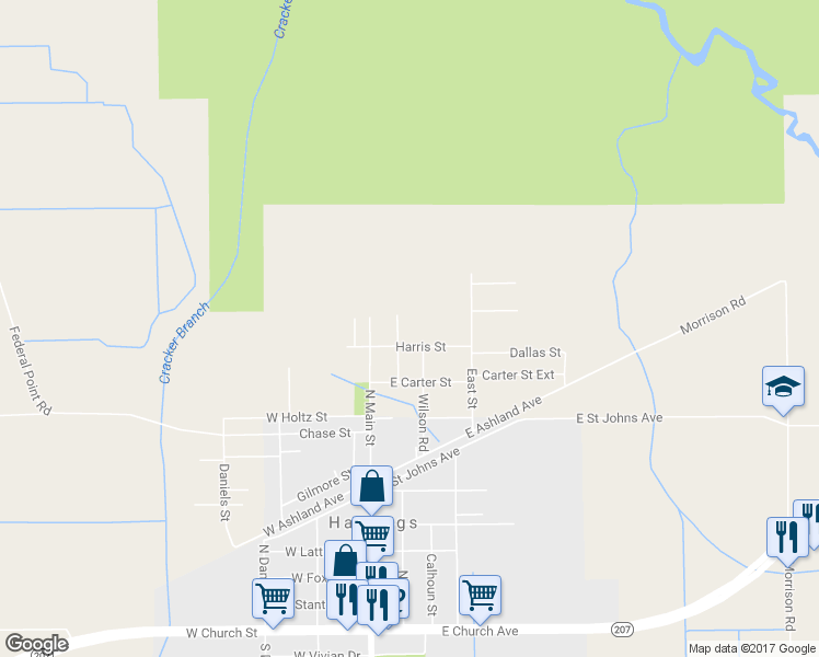 map of restaurants, bars, coffee shops, grocery stores, and more near 202 Harris Street in Hastings