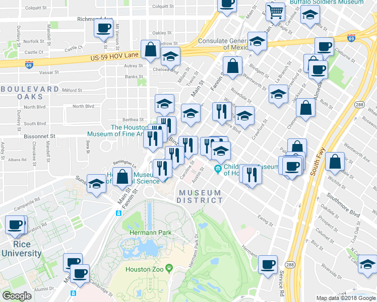 map of restaurants, bars, coffee shops, grocery stores, and more near 1222 Binz Street in Houston