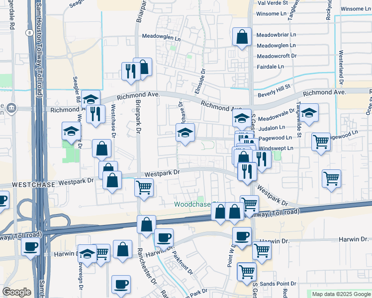 map of restaurants, bars, coffee shops, grocery stores, and more near 9855 Pagewood Lane in Houston