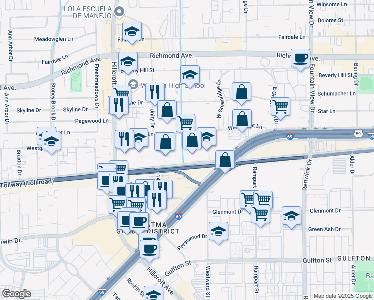 map of restaurants, bars, coffee shops, grocery stores, and more near 6260 Westpark Drive in Houston