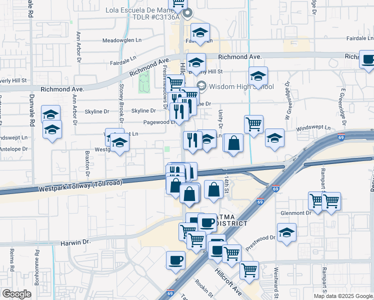 map of restaurants, bars, coffee shops, grocery stores, and more near 3737 Hillcroft Avenue in Houston
