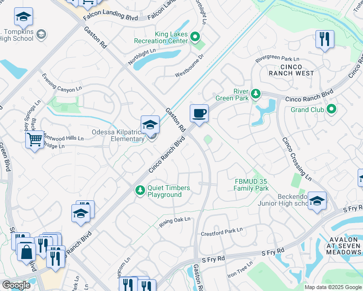 map of restaurants, bars, coffee shops, grocery stores, and more near 5006 Big Meadow Lane in Katy