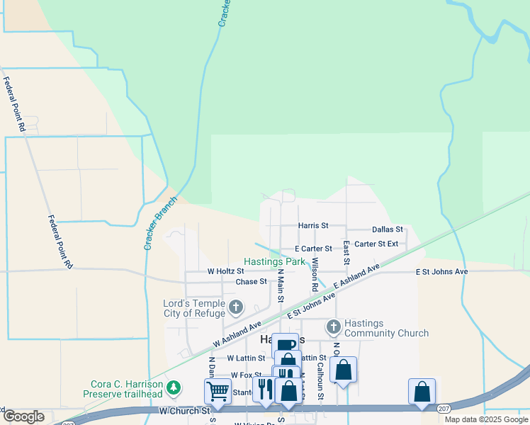 map of restaurants, bars, coffee shops, grocery stores, and more near 715 North Main Street in Hastings
