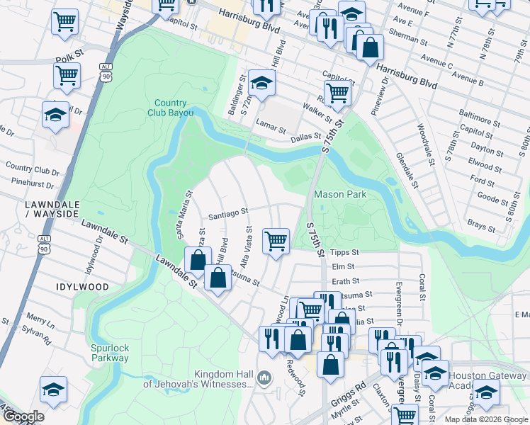 map of restaurants, bars, coffee shops, grocery stores, and more near 1827 Pasadena Street in Houston
