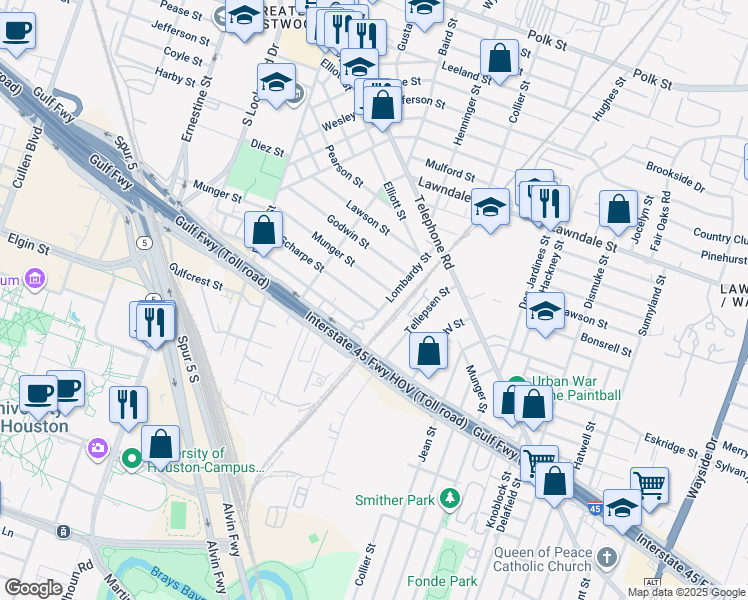 map of restaurants, bars, coffee shops, grocery stores, and more near 1568 Scharpe Street in Houston
