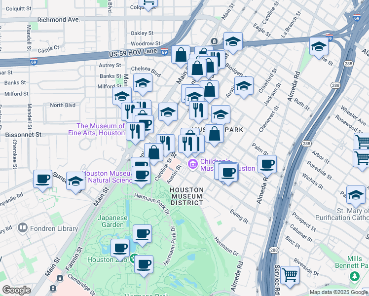 map of restaurants, bars, coffee shops, grocery stores, and more near 1313 Binz Street in Houston