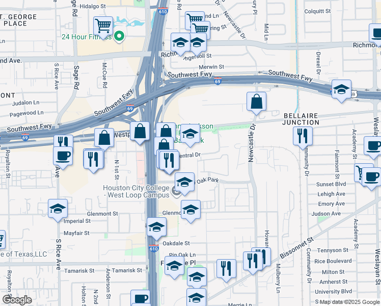 map of restaurants, bars, coffee shops, grocery stores, and more near 5445 West Loop South Freeway in Houston