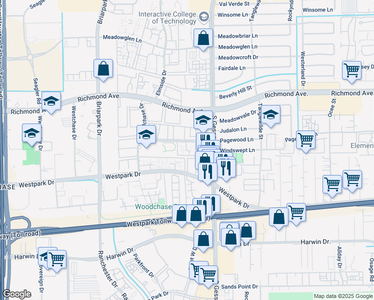 map of restaurants, bars, coffee shops, grocery stores, and more near 10010 Westpark Drive in Houston