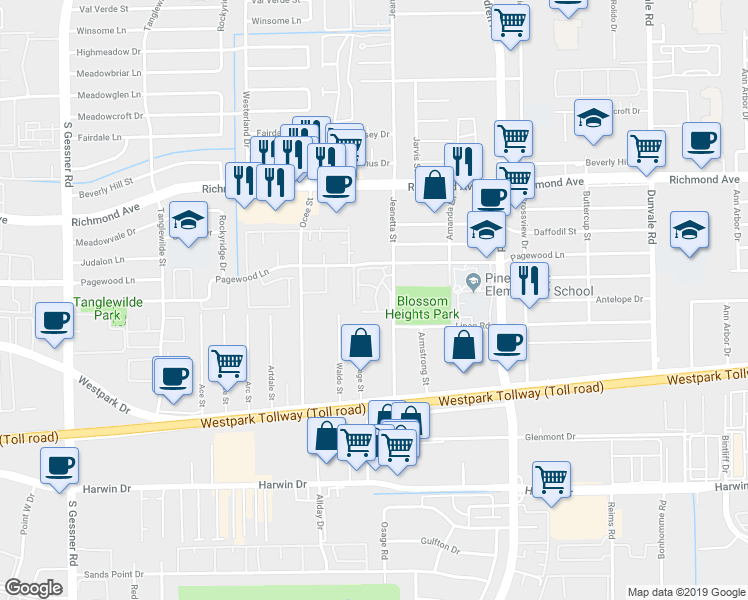 map of restaurants, bars, coffee shops, grocery stores, and more near 3600 Jeanetta Street in Houston