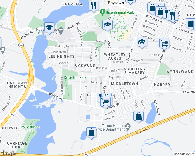 map of restaurants, bars, coffee shops, grocery stores, and more near 1200 Willow Street in Baytown