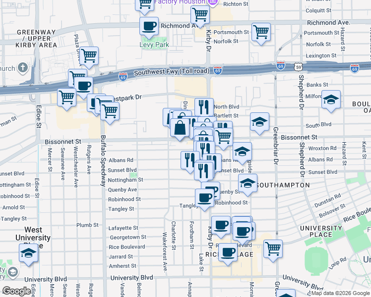 map of restaurants, bars, coffee shops, grocery stores, and more near 2716 Albans Road in Houston