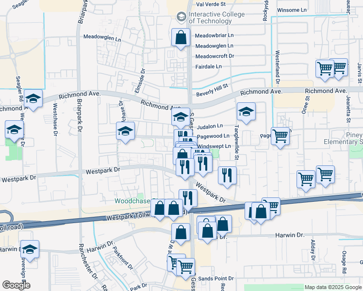 map of restaurants, bars, coffee shops, grocery stores, and more near 3706 South Gessner Road in Houston