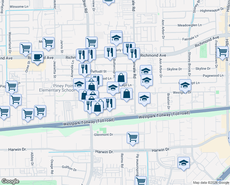map of restaurants, bars, coffee shops, grocery stores, and more near 8702 Lipan Road in Houston