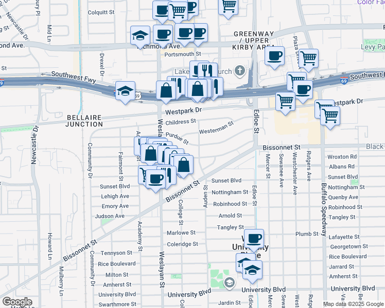 map of restaurants, bars, coffee shops, grocery stores, and more near 3810 Drake Street in Houston
