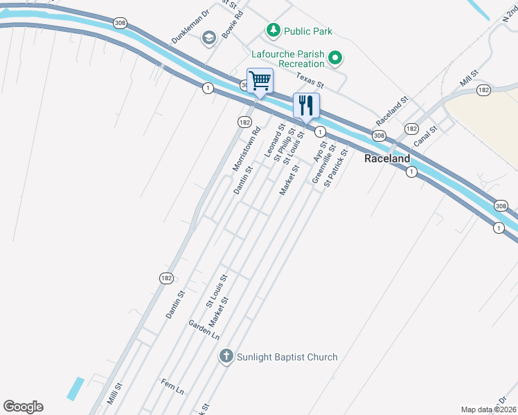 map of restaurants, bars, coffee shops, grocery stores, and more near 201-299 Leonard St in Raceland