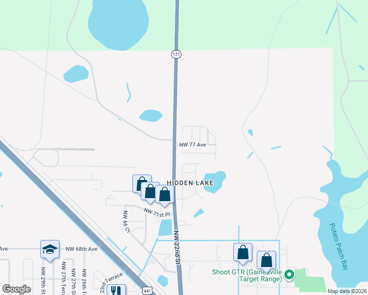 map of restaurants, bars, coffee shops, grocery stores, and more near 2149 Northwest 77 Avenue in Gainesville