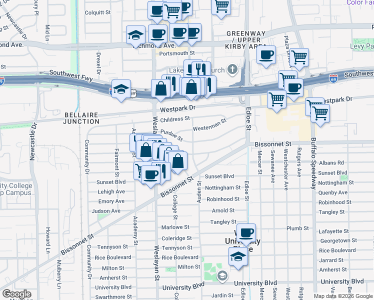 map of restaurants, bars, coffee shops, grocery stores, and more near 3810 Drake Street in Houston