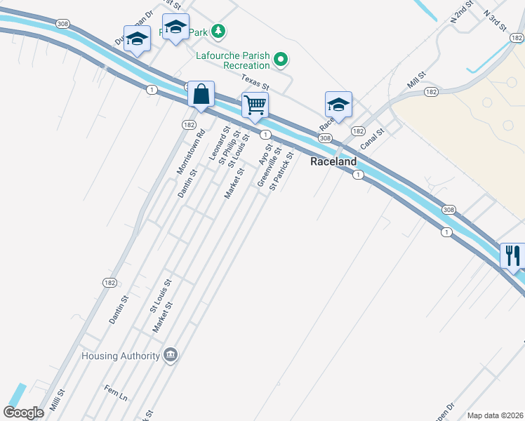 map of restaurants, bars, coffee shops, grocery stores, and more near 205 Saint Patrick Street in Raceland