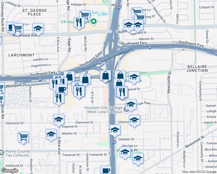 map of restaurants, bars, coffee shops, grocery stores, and more near 5400 West Loop South Freeway in Bellaire