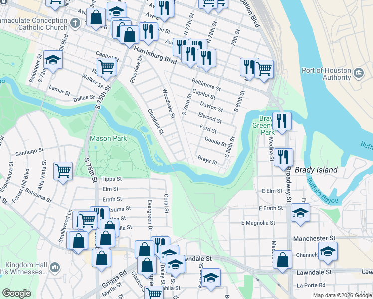 map of restaurants, bars, coffee shops, grocery stores, and more near 199 Woodvale Street in Houston