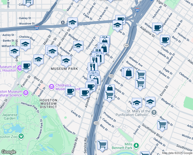 map of restaurants, bars, coffee shops, grocery stores, and more near 4909 Almeda Road in Houston