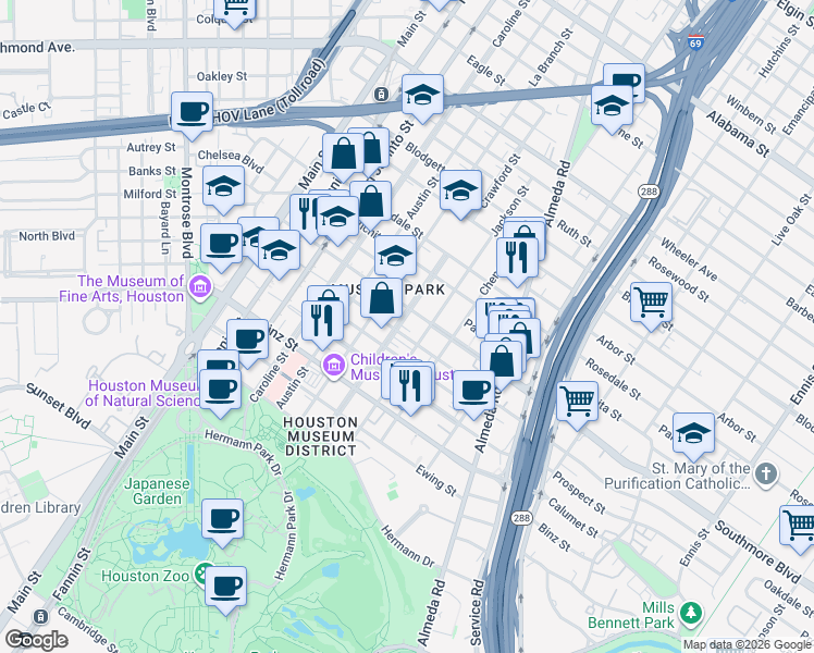 map of restaurants, bars, coffee shops, grocery stores, and more near 1603 Southmore Boulevard in Houston