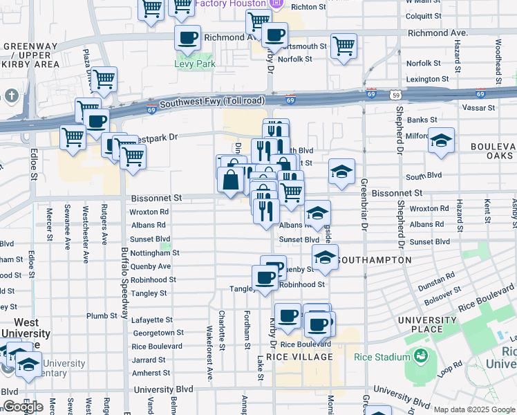 map of restaurants, bars, coffee shops, grocery stores, and more near 2617 Bissonnet Street in Houston