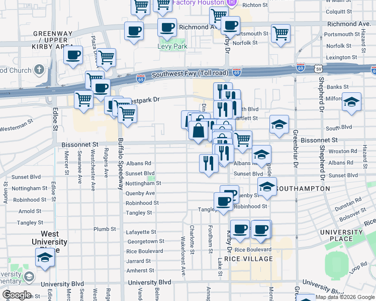 map of restaurants, bars, coffee shops, grocery stores, and more near in Harris County