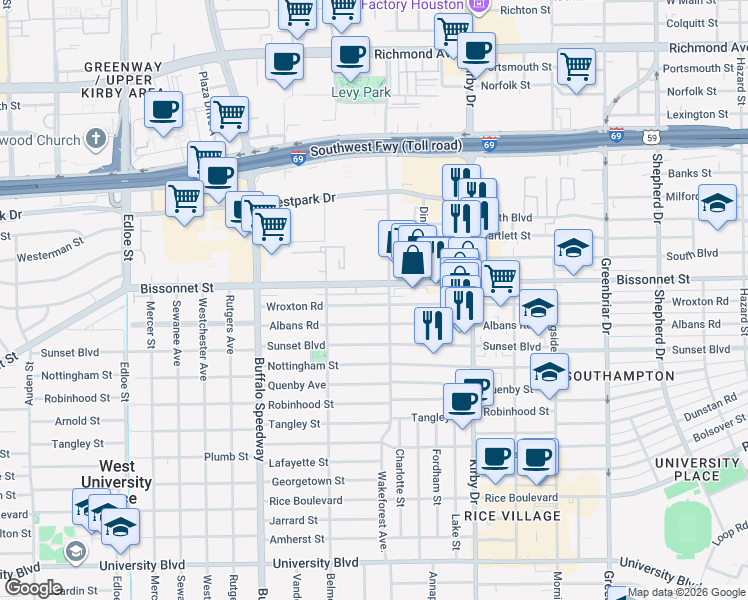map of restaurants, bars, coffee shops, grocery stores, and more near in Harris County