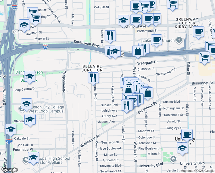 map of restaurants, bars, coffee shops, grocery stores, and more near 4206 Drake Street in Houston