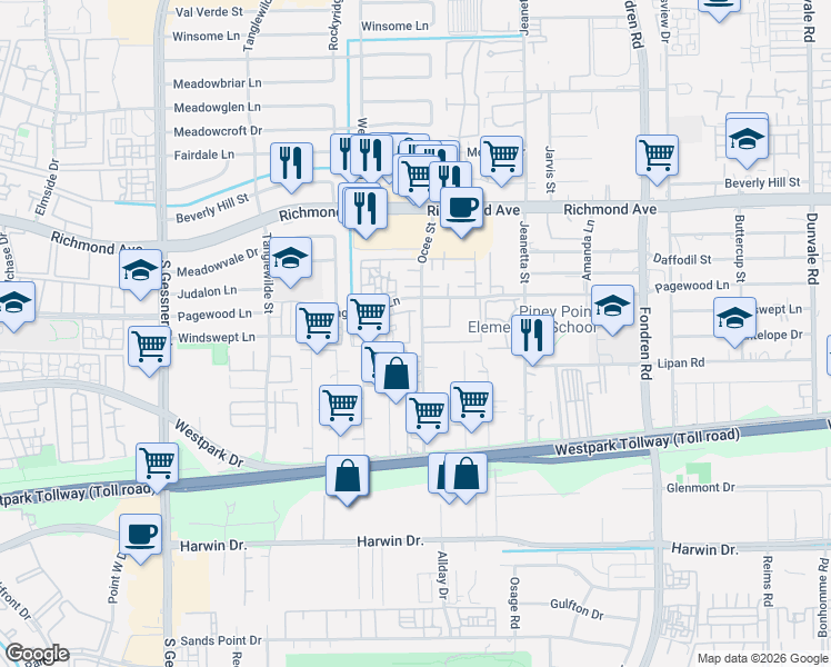 map of restaurants, bars, coffee shops, grocery stores, and more near in Houston