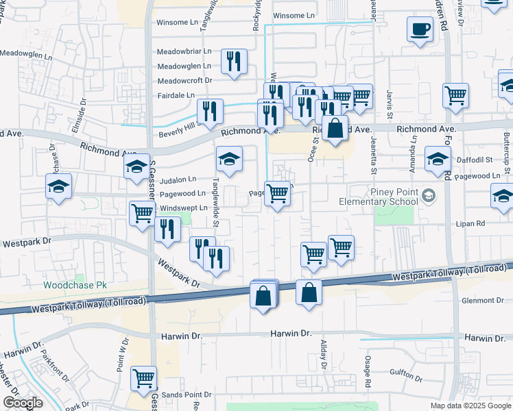map of restaurants, bars, coffee shops, grocery stores, and more near 9453 Pagewood Lane in Houston