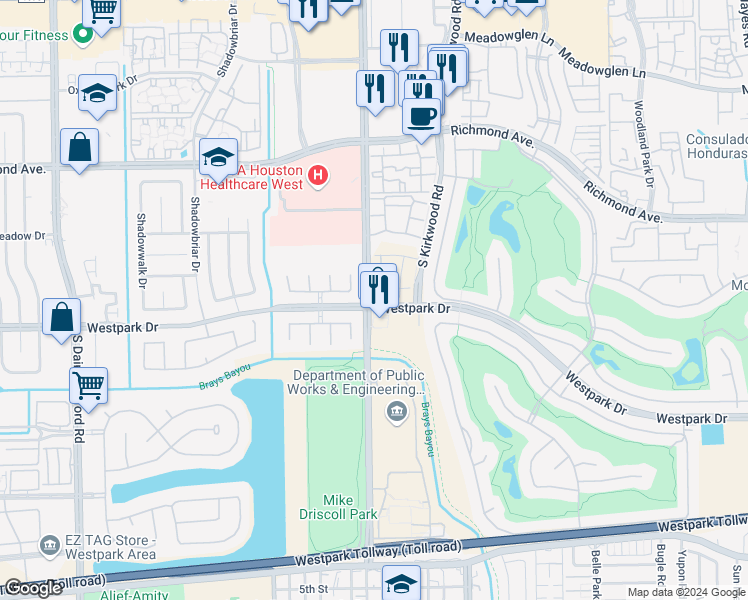 map of restaurants, bars, coffee shops, grocery stores, and more near 12012 Royal Oaks Run Drive in Houston