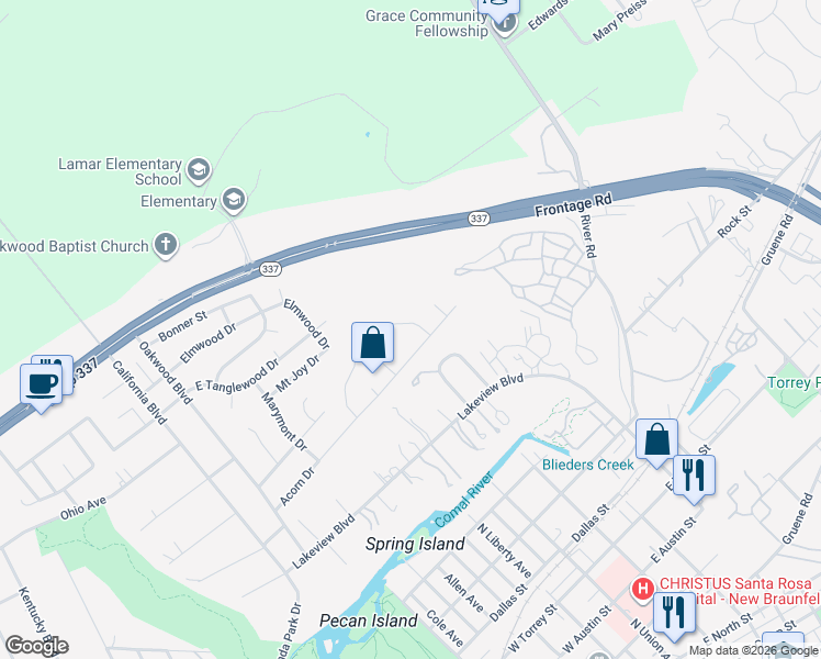 map of restaurants, bars, coffee shops, grocery stores, and more near 644 Sydney Circle in New Braunfels