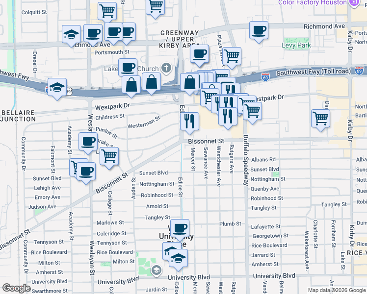 map of restaurants, bars, coffee shops, grocery stores, and more near 3622 Bissonnet Street in Houston
