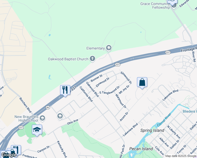 map of restaurants, bars, coffee shops, grocery stores, and more near 263 Bonner Street in New Braunfels