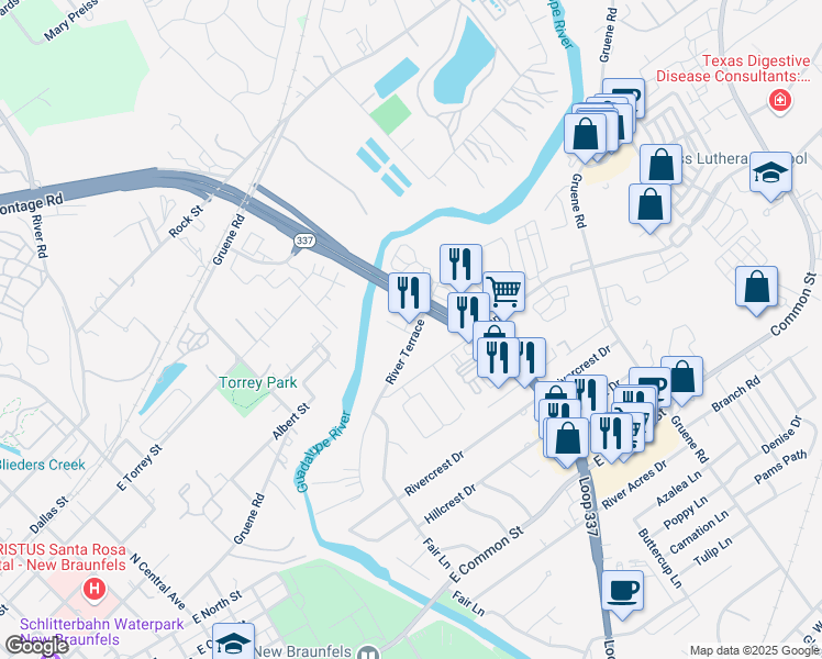 map of restaurants, bars, coffee shops, grocery stores, and more near 1273 River Terrace in New Braunfels