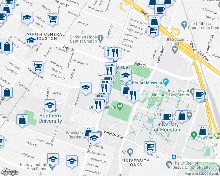 map of restaurants, bars, coffee shops, grocery stores, and more near Scott St & Holman St in Houston