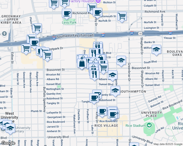 map of restaurants, bars, coffee shops, grocery stores, and more near 2617 Bissonnet Street in Houston