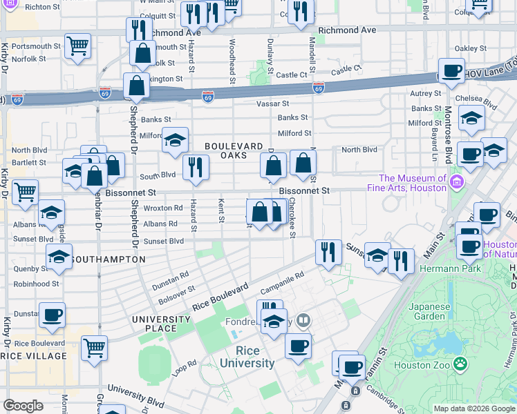 map of restaurants, bars, coffee shops, grocery stores, and more near in Houston