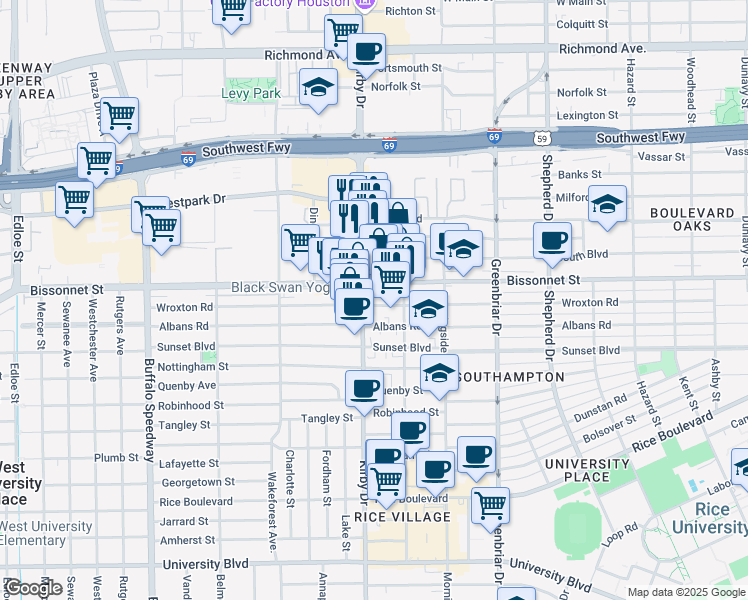 map of restaurants, bars, coffee shops, grocery stores, and more near 2522 Bissonnet Street in Houston