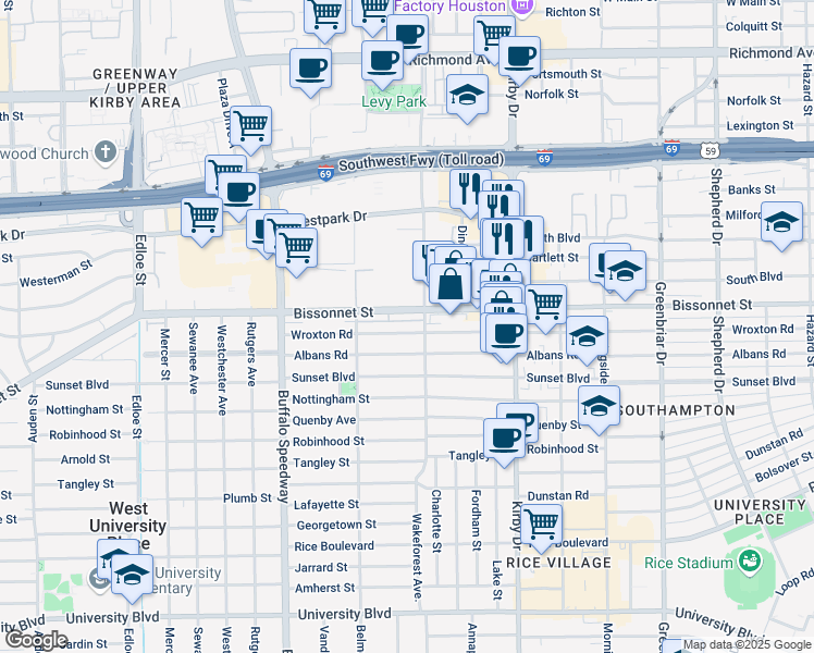 map of restaurants, bars, coffee shops, grocery stores, and more near in Harris County