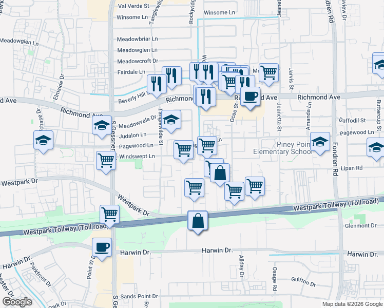 map of restaurants, bars, coffee shops, grocery stores, and more near 9453 Pagewood Lane in Houston