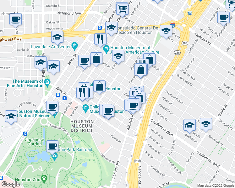 map of restaurants, bars, coffee shops, grocery stores, and more near 1711 Southmore Boulevard in Houston